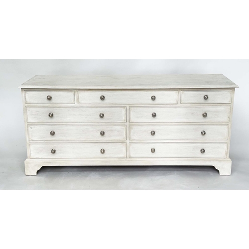 206 - LOW CHEST, Georgian style grey painted with nine drawers and bracket supports, 152cm x 43cm x 67cm H... 