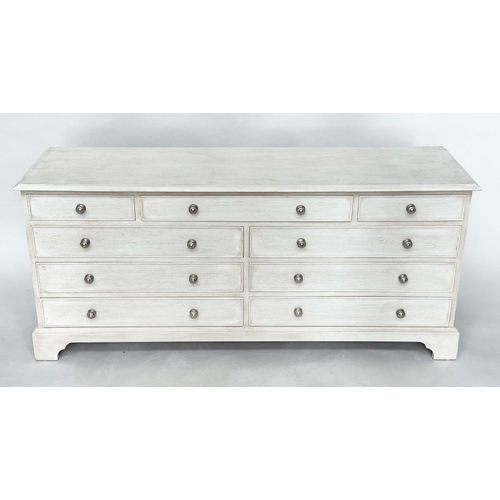 206 - LOW CHEST, Georgian style grey painted with nine drawers and bracket supports, 152cm x 43cm x 67cm H... 