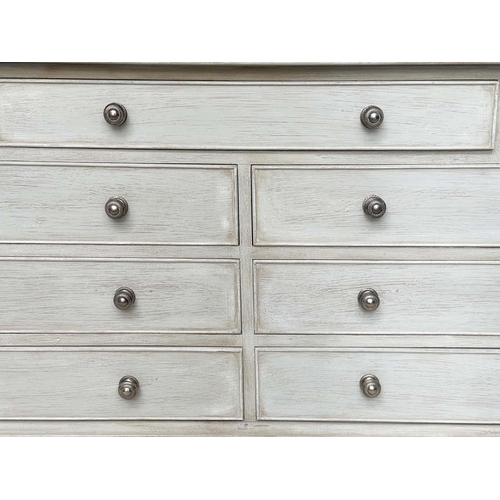 206 - LOW CHEST, Georgian style grey painted with nine drawers and bracket supports, 152cm x 43cm x 67cm H... 