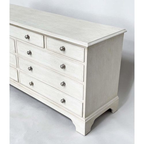 206 - LOW CHEST, Georgian style grey painted with nine drawers and bracket supports, 152cm x 43cm x 67cm H... 