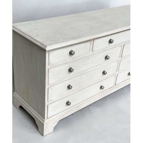 206 - LOW CHEST, Georgian style grey painted with nine drawers and bracket supports, 152cm x 43cm x 67cm H... 