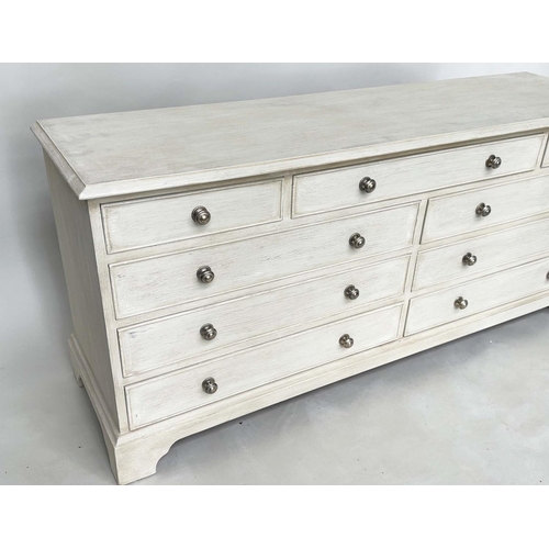 206 - LOW CHEST, Georgian style grey painted with nine drawers and bracket supports, 152cm x 43cm x 67cm H... 