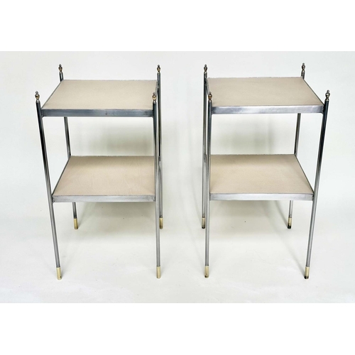 207 - LAMP TABLES, a pair, early 20th century polished steel square two tiered each with neutral grained l... 