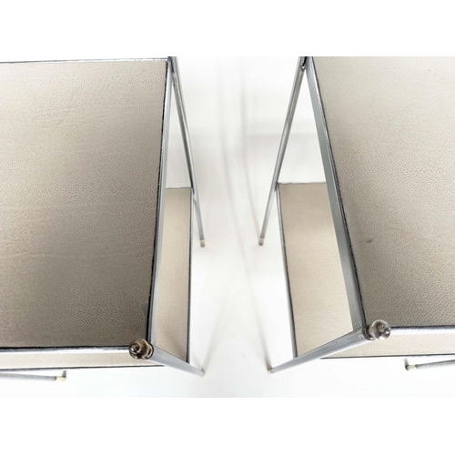 207 - LAMP TABLES, a pair, early 20th century polished steel square two tiered each with neutral grained l... 