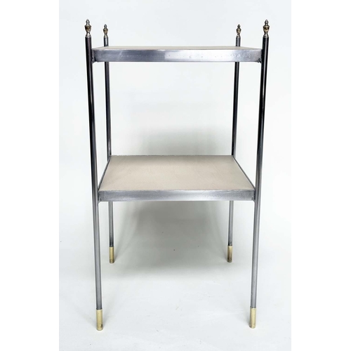 207 - LAMP TABLES, a pair, early 20th century polished steel square two tiered each with neutral grained l... 