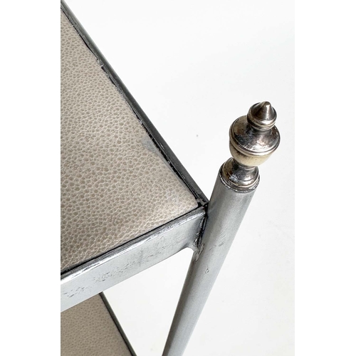 207 - LAMP TABLES, a pair, early 20th century polished steel square two tiered each with neutral grained l... 