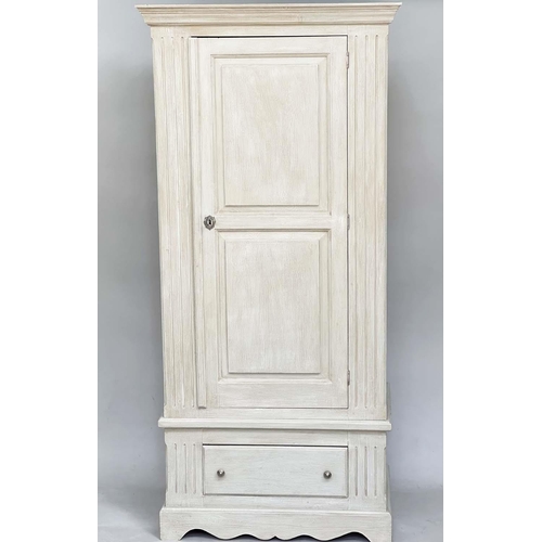 208 - ARMOIRE, French style grey painted with single panelled door enclosing hanging space above a full wi... 