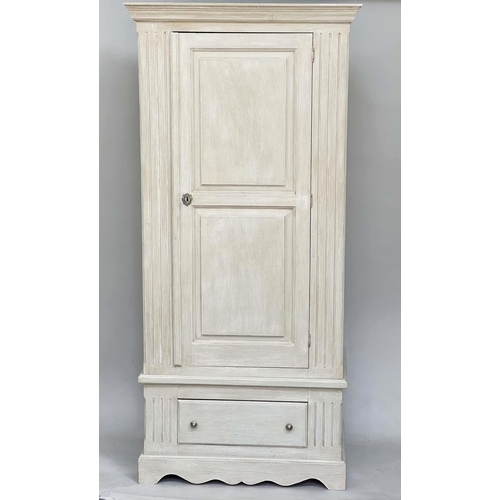 208 - ARMOIRE, French style grey painted with single panelled door enclosing hanging space above a full wi... 
