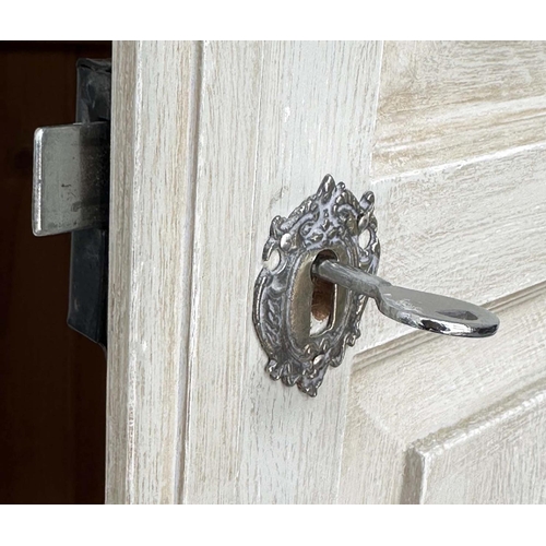 208 - ARMOIRE, French style grey painted with single panelled door enclosing hanging space above a full wi... 