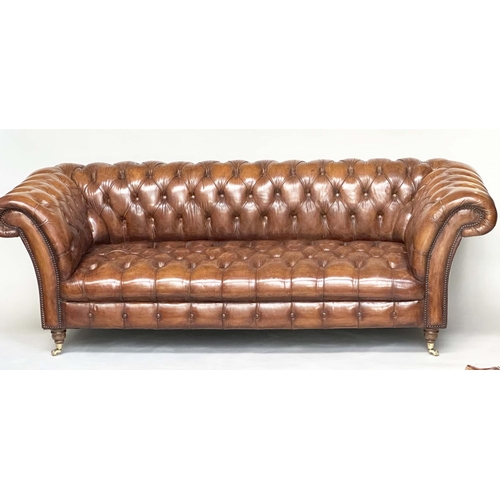 212 - CHESTERFIELD SOFA, natural brass studded soft antique tan brown leather with deep buttoned arched ba... 