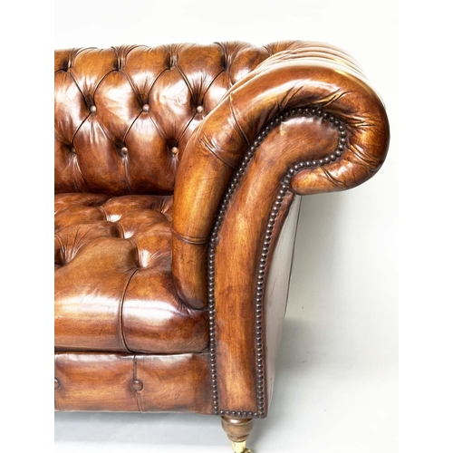 212 - CHESTERFIELD SOFA, natural brass studded soft antique tan brown leather with deep buttoned arched ba... 