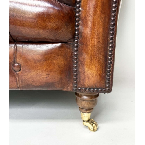 212 - CHESTERFIELD SOFA, natural brass studded soft antique tan brown leather with deep buttoned arched ba... 