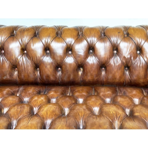 212 - CHESTERFIELD SOFA, natural brass studded soft antique tan brown leather with deep buttoned arched ba... 