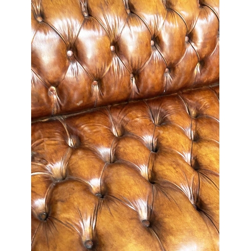 212 - CHESTERFIELD SOFA, natural brass studded soft antique tan brown leather with deep buttoned arched ba... 