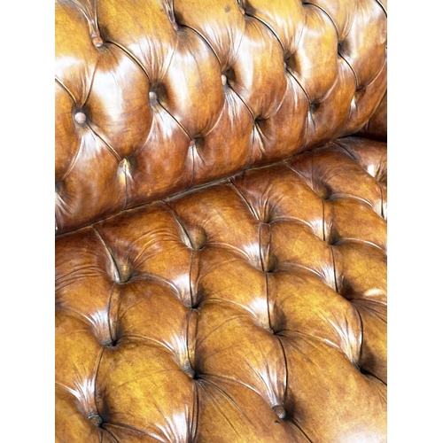 212 - CHESTERFIELD SOFA, natural brass studded soft antique tan brown leather with deep buttoned arched ba... 