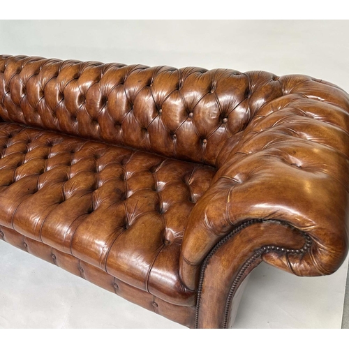 212 - CHESTERFIELD SOFA, natural brass studded soft antique tan brown leather with deep buttoned arched ba... 