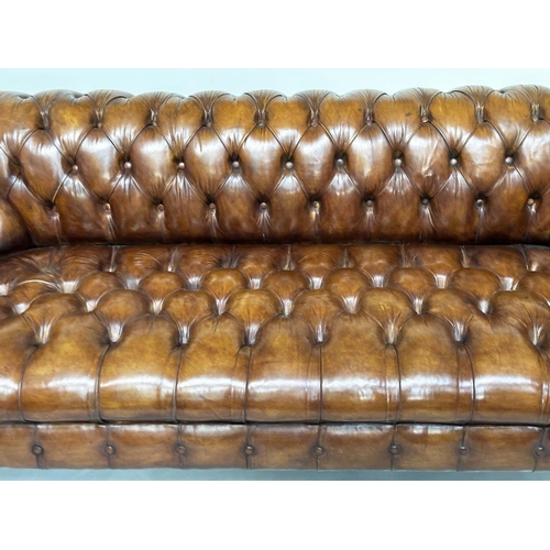 212 - CHESTERFIELD SOFA, natural brass studded soft antique tan brown leather with deep buttoned arched ba... 