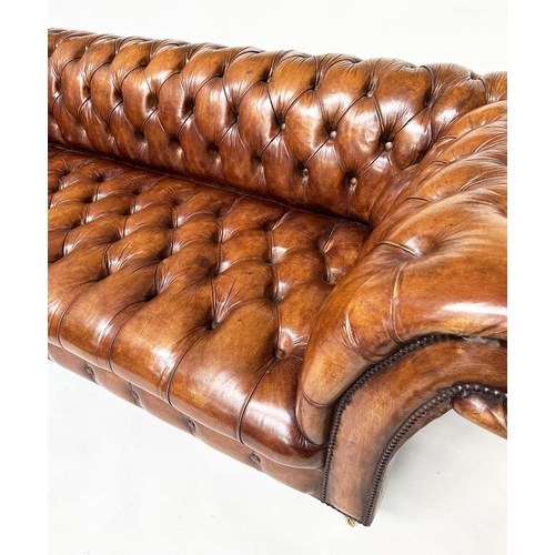 212 - CHESTERFIELD SOFA, natural brass studded soft antique tan brown leather with deep buttoned arched ba... 
