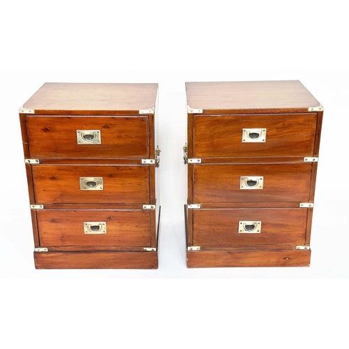213 - CAMPAIGN STYLE CHESTS, a pair, yewwood and brass bound each with three drawers, 46cm x 38cm x 63cm H... 