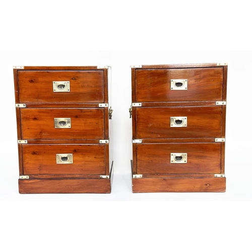 213 - CAMPAIGN STYLE CHESTS, a pair, yewwood and brass bound each with three drawers, 46cm x 38cm x 63cm H... 