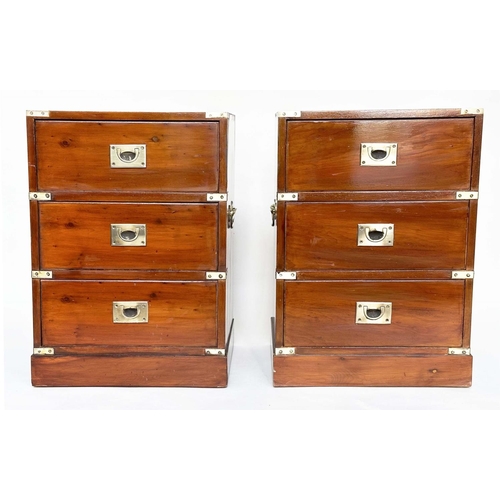 213 - CAMPAIGN STYLE CHESTS, a pair, yewwood and brass bound each with three drawers, 46cm x 38cm x 63cm H... 