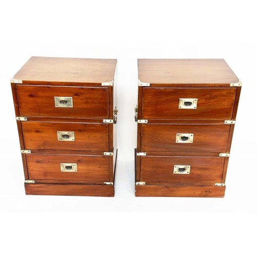 213 - CAMPAIGN STYLE CHESTS, a pair, yewwood and brass bound each with three drawers, 46cm x 38cm x 63cm H... 