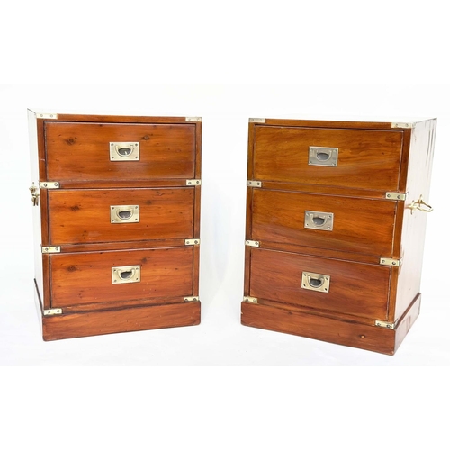 213 - CAMPAIGN STYLE CHESTS, a pair, yewwood and brass bound each with three drawers, 46cm x 38cm x 63cm H... 