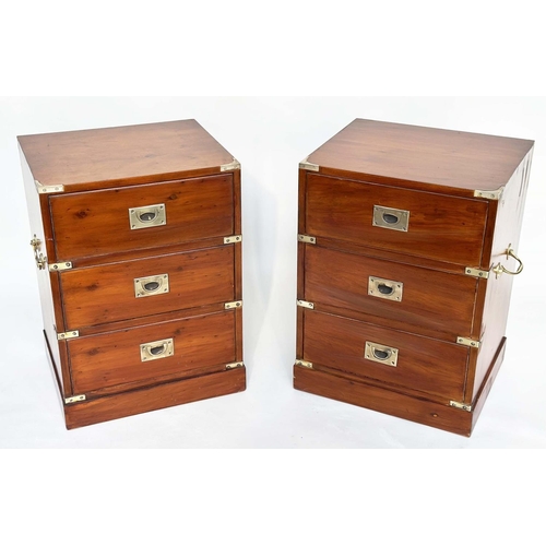 213 - CAMPAIGN STYLE CHESTS, a pair, yewwood and brass bound each with three drawers, 46cm x 38cm x 63cm H... 