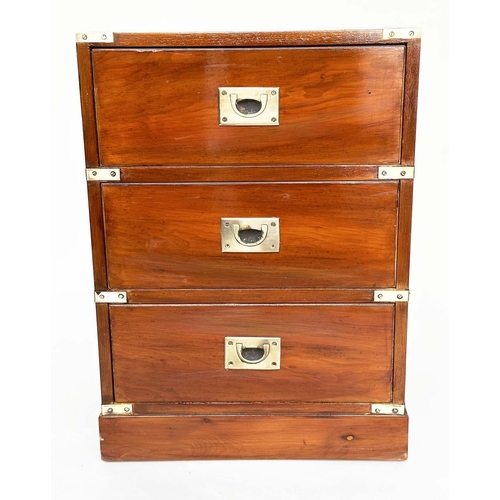 213 - CAMPAIGN STYLE CHESTS, a pair, yewwood and brass bound each with three drawers, 46cm x 38cm x 63cm H... 