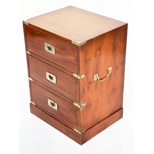 213 - CAMPAIGN STYLE CHESTS, a pair, yewwood and brass bound each with three drawers, 46cm x 38cm x 63cm H... 