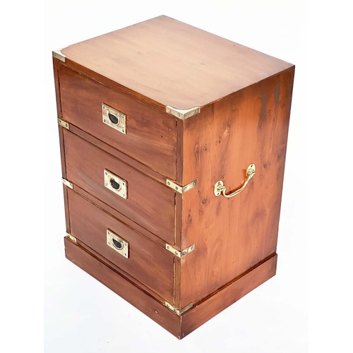 213 - CAMPAIGN STYLE CHESTS, a pair, yewwood and brass bound each with three drawers, 46cm x 38cm x 63cm H... 