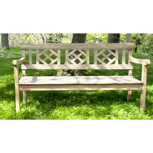 214 - GARDEN BENCH, weathered teak with lattice back and slatted seat, jointed and dowelled, 160cm W.