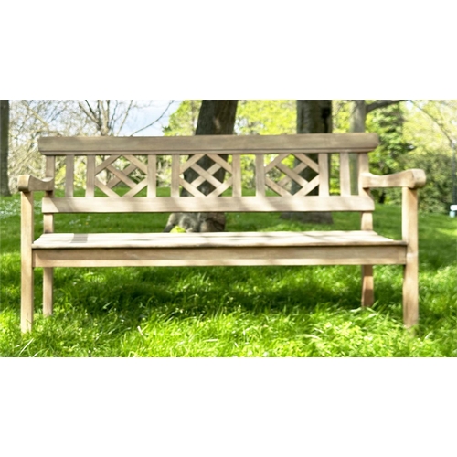 214 - GARDEN BENCH, weathered teak with lattice back and slatted seat, jointed and dowelled, 160cm W.