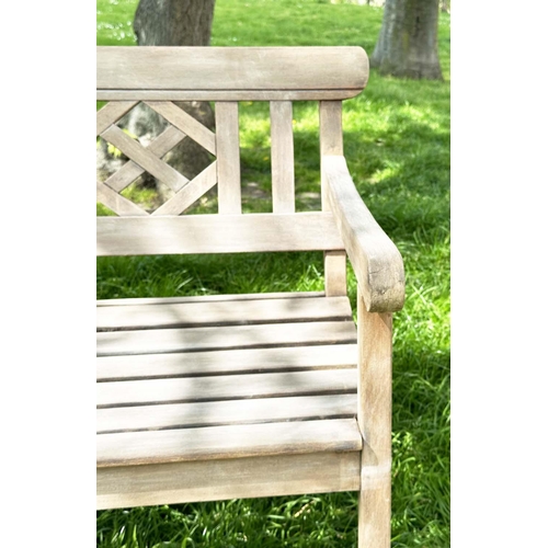214 - GARDEN BENCH, weathered teak with lattice back and slatted seat, jointed and dowelled, 160cm W.