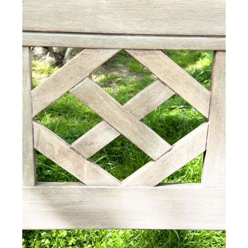 214 - GARDEN BENCH, weathered teak with lattice back and slatted seat, jointed and dowelled, 160cm W.