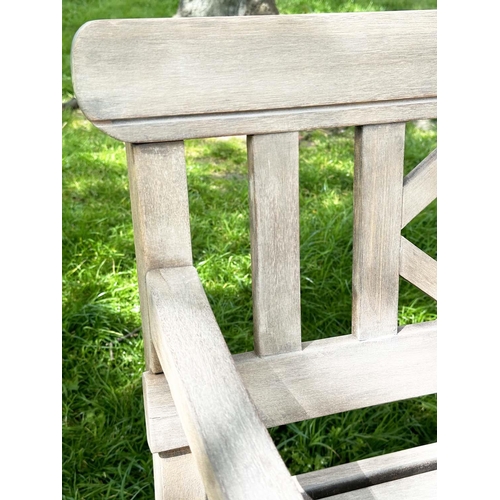214 - GARDEN BENCH, weathered teak with lattice back and slatted seat, jointed and dowelled, 160cm W.
