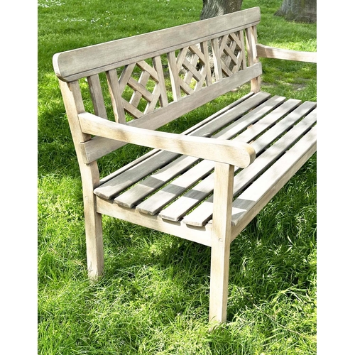 214 - GARDEN BENCH, weathered teak with lattice back and slatted seat, jointed and dowelled, 160cm W.