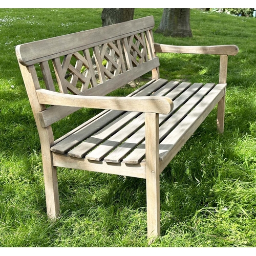 214 - GARDEN BENCH, weathered teak with lattice back and slatted seat, jointed and dowelled, 160cm W.