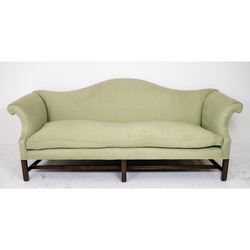 224 - SOFA, George III style mahogany in pale green fabric, 92cm H x 217cm.