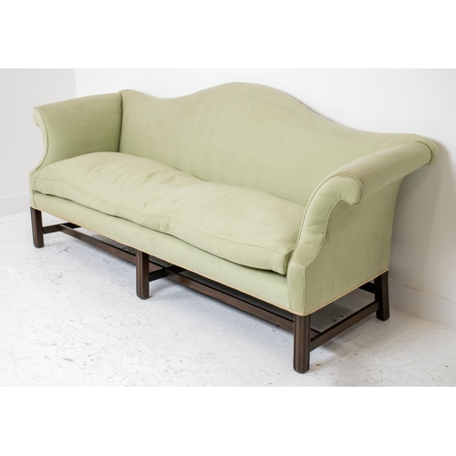 224 - SOFA, George III style mahogany in pale green fabric, 92cm H x 217cm.