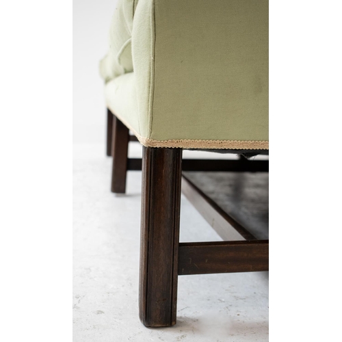 224 - SOFA, George III style mahogany in pale green fabric, 92cm H x 217cm.
