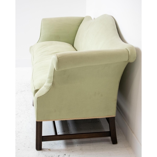 224 - SOFA, George III style mahogany in pale green fabric, 92cm H x 217cm.