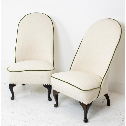 225 - SLIPPER CHAIRS, a pair, boucle wool with green velvet piping, 89cm H x 53cm x 65cm. (2)