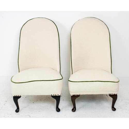 225 - SLIPPER CHAIRS, a pair, boucle wool with green velvet piping, 89cm H x 53cm x 65cm. (2)