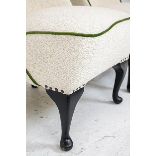225 - SLIPPER CHAIRS, a pair, boucle wool with green velvet piping, 89cm H x 53cm x 65cm. (2)