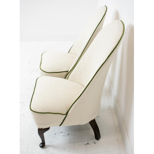 225 - SLIPPER CHAIRS, a pair, boucle wool with green velvet piping, 89cm H x 53cm x 65cm. (2)