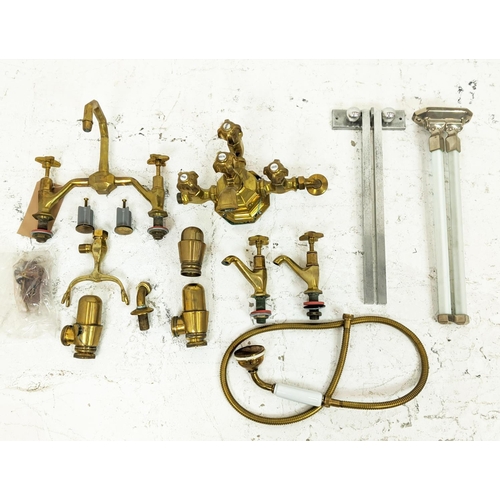 235 - TAPS, brass, French Art Deco design, one pair of basin taps, one mixer tap and a mixer/shower bath t... 