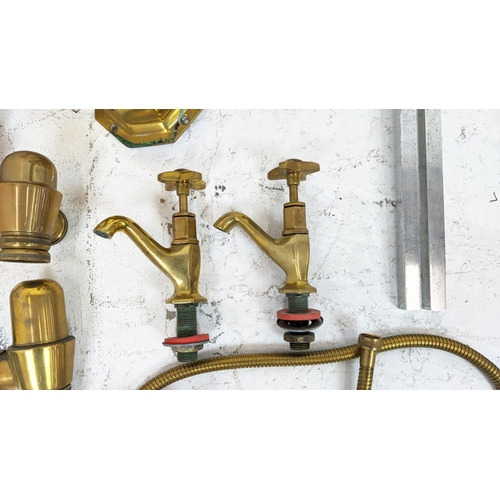 235 - TAPS, brass, French Art Deco design, one pair of basin taps, one mixer tap and a mixer/shower bath t... 