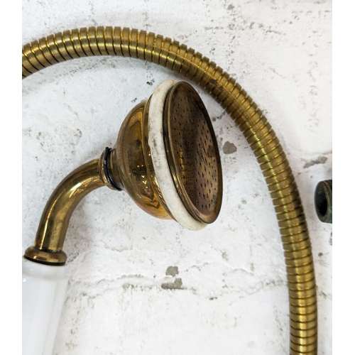 235 - TAPS, brass, French Art Deco design, one pair of basin taps, one mixer tap and a mixer/shower bath t... 
