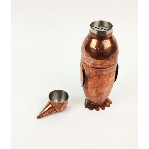 31 - PENGUIN COCKTAIL SHAKER, copper, 25cm H, together with a set of metal cheese markers and a rattle. (... 